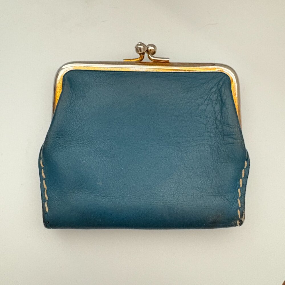 1960s Bonnie Cashin for Coach Teal Blue Coin Purse Bill Fold Wallet Kisslock